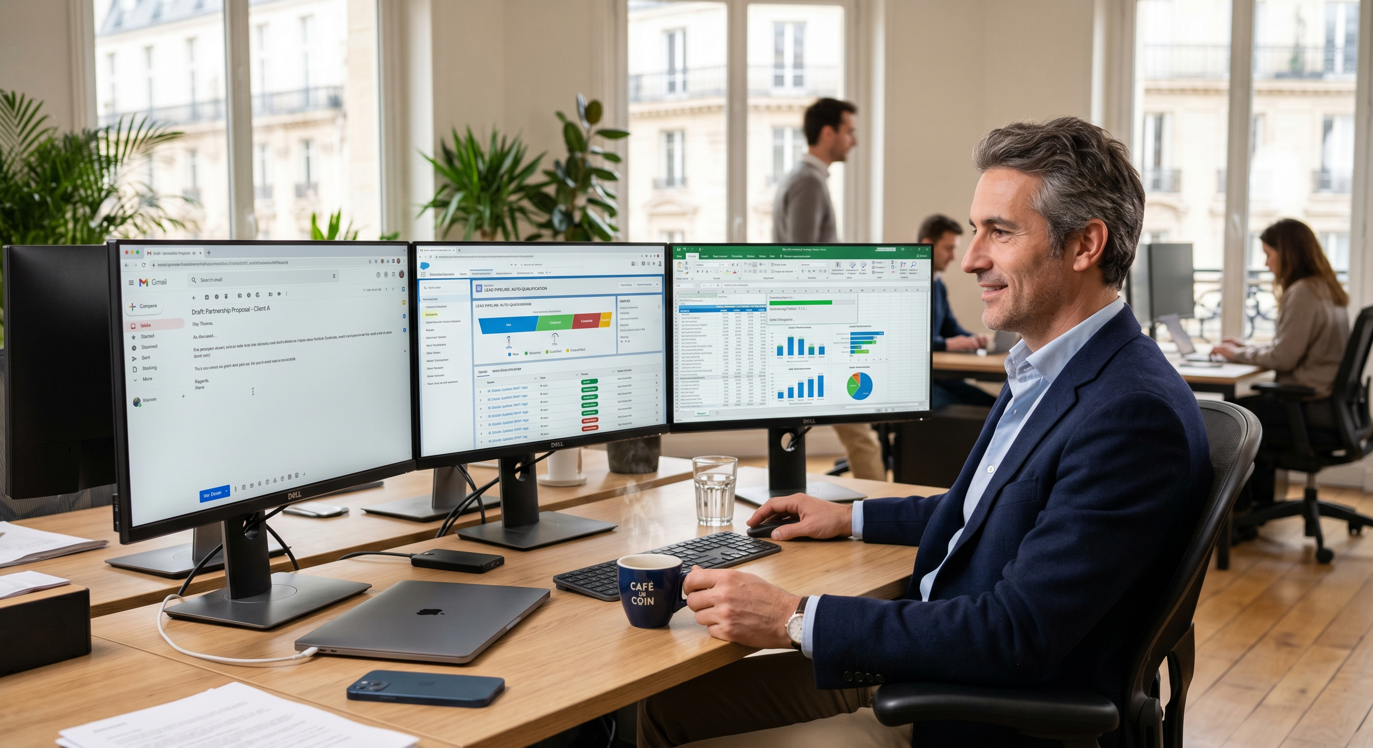 Manager dans un bureau moderne avec plusieurs écrans montrant des tâches automatisées par des agents IA