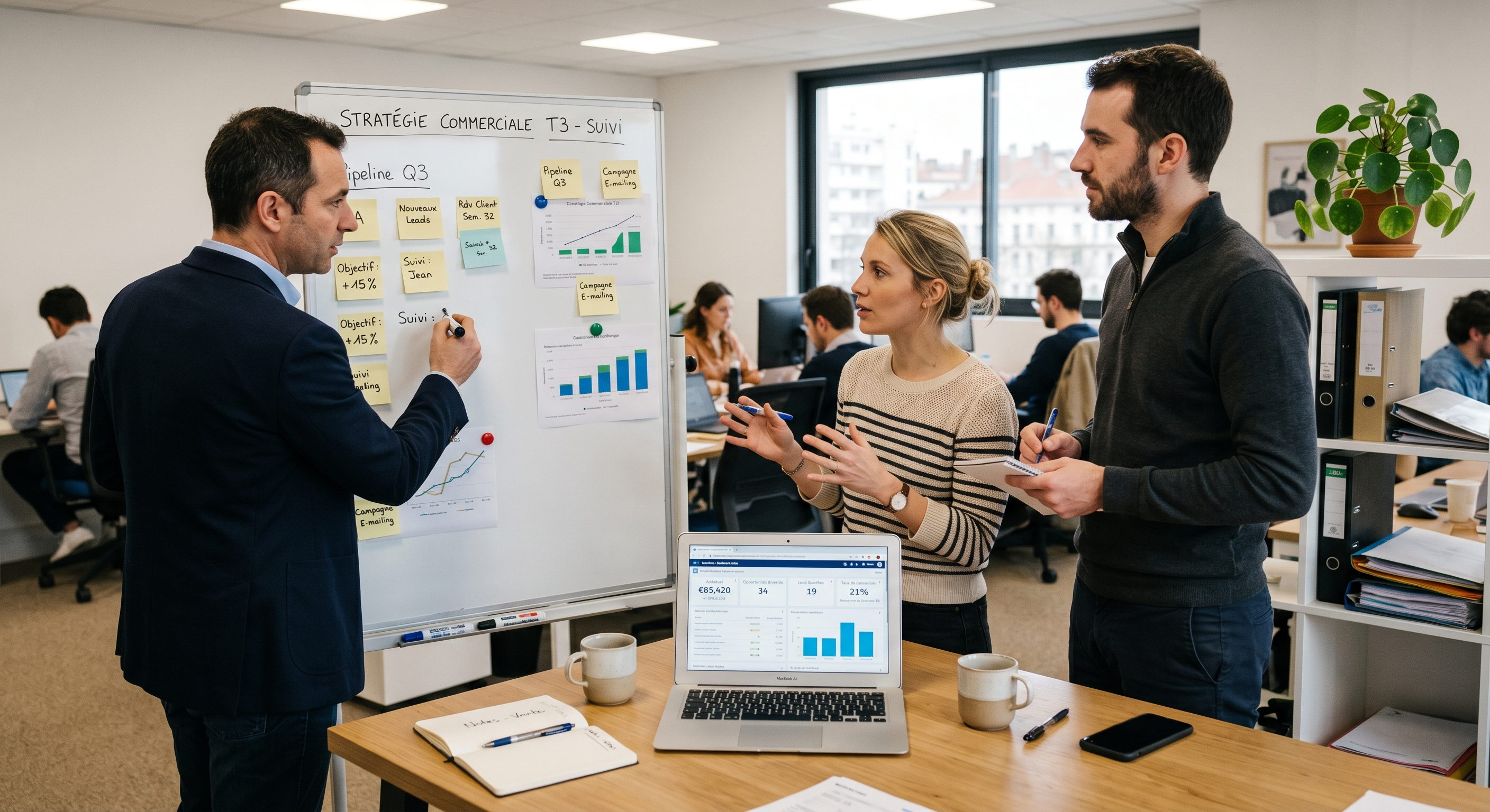 Équipe commerciale française en réunion debout avec un laptop affichant un dashboard de métriques mis à jour automatiquement par un agent IA