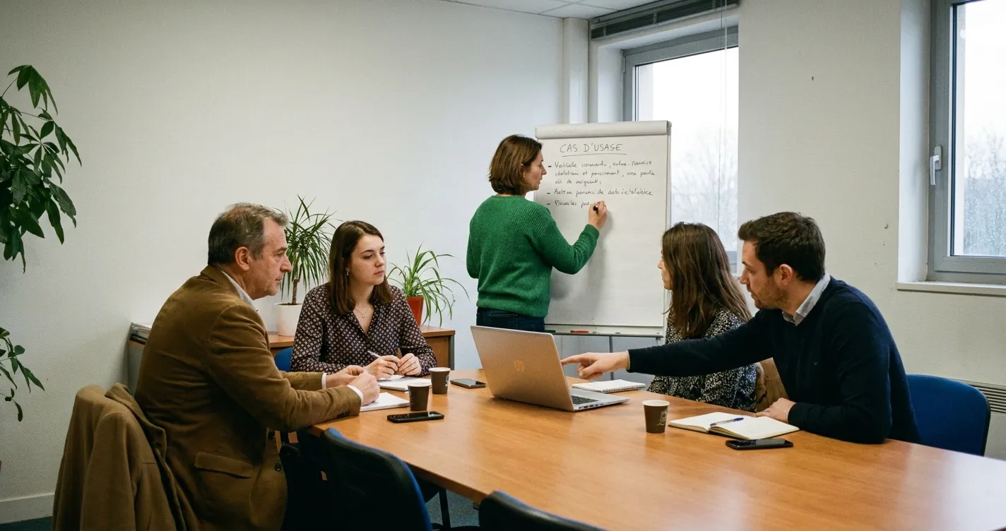 Équipe d'une PME française en atelier de formation IA autour d'un ordinateur portable, cartographie des cas d'usage sur un paperboard