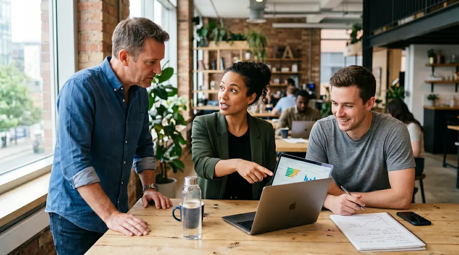 Équipe de professionnels collaborant autour d'un ordinateur portable dans un espace de coworking moderne