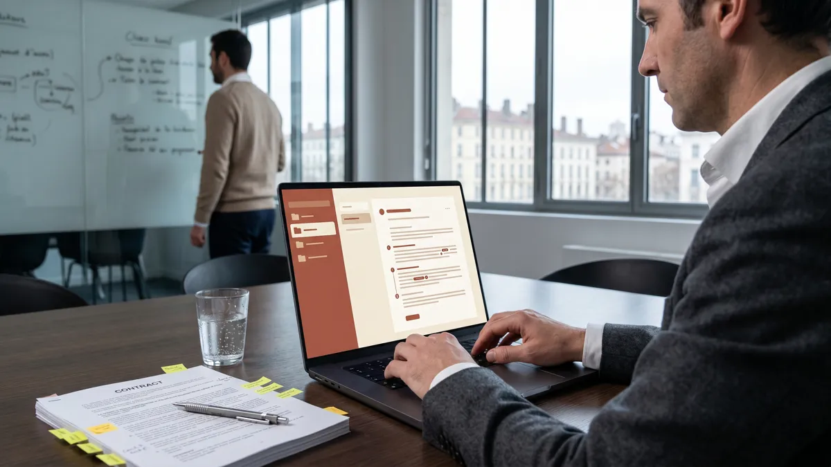 Cas d'usage Claude Projects et Artifacts en entreprise — juriste français analysant un contrat long avec l'assistant IA Anthropic dans un cabinet juridique à Lyon