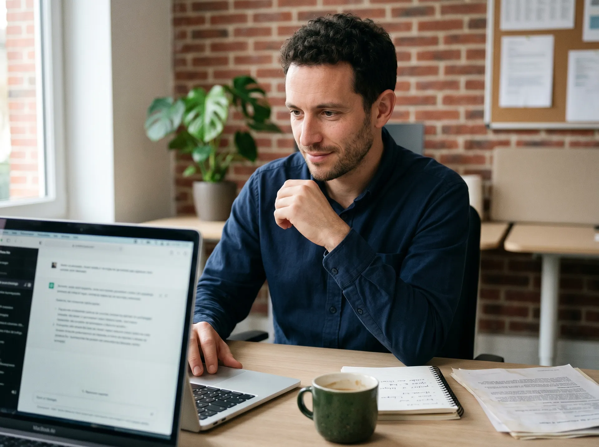 Collaborateur d'une PME française utilisant l'IA au quotidien — ChatGPT ouvert sur son ordinateur portable, formation IA en entreprise France