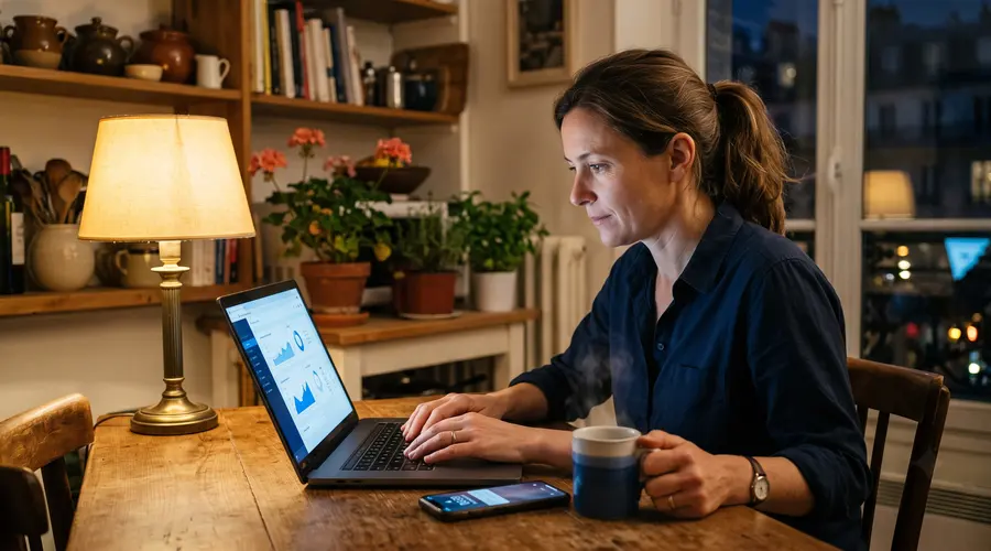 Professionnelle vérifiant son solde et ses formations éligibles sur la plateforme MonCompteFormation depuis son ordinateur portable