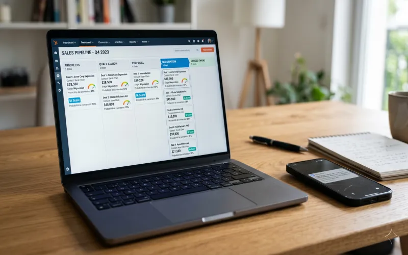 Interface CRM augmenté par IA avec score de conversion IA sur chaque fiche prospect — formation CRM IA PME Nerolia