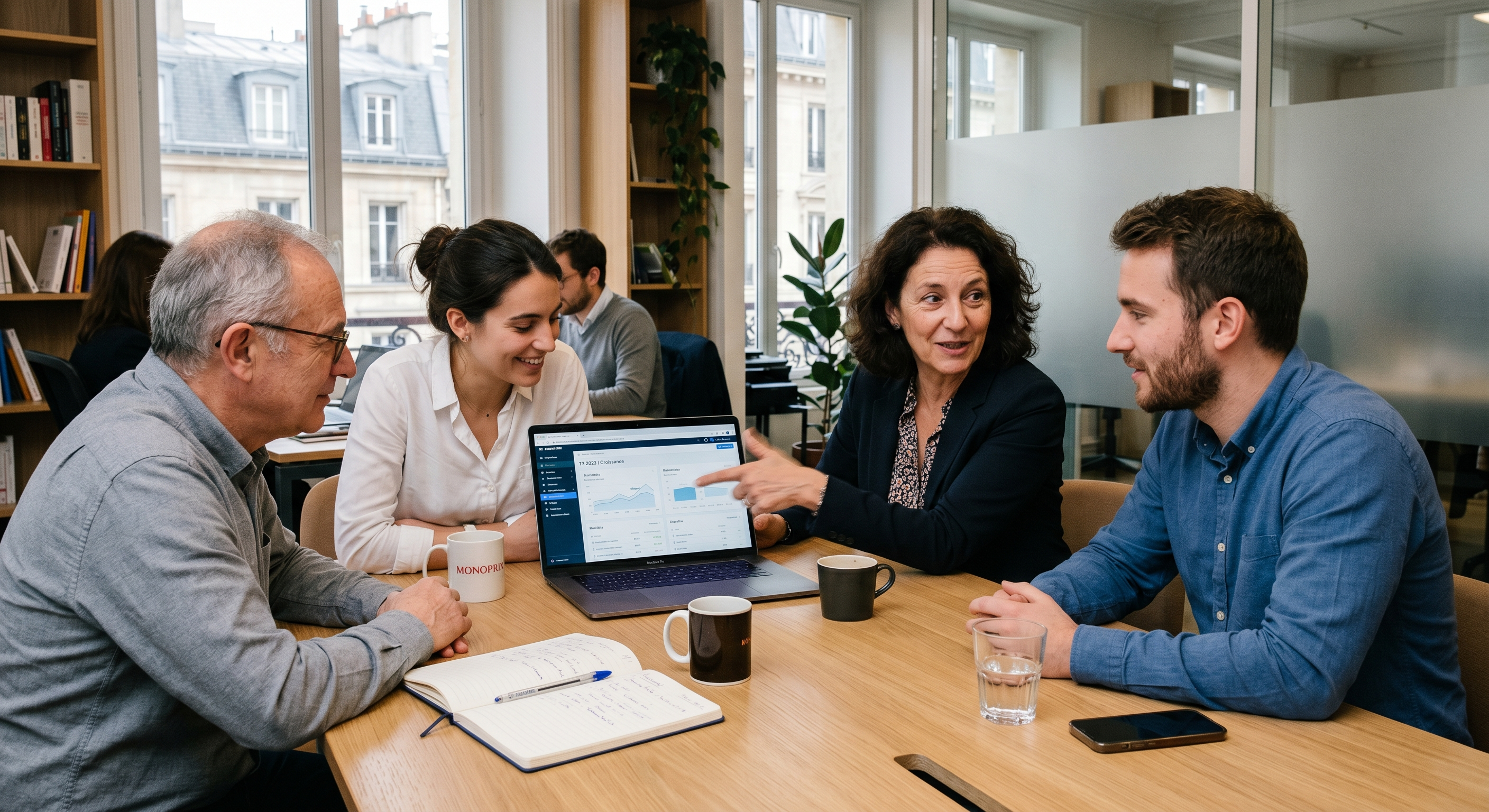 Équipe en réunion autour d'un ordinateur discutant des outils IA — Nerolia Formation