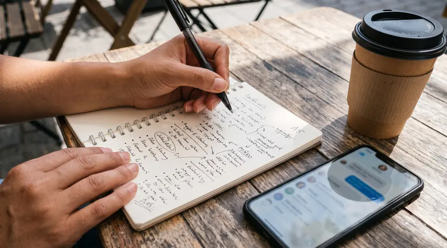 Prise de notes manuscrite de prompts ChatGPT sur un carnet, avec smartphone affichant une conversation, pendant une pause professionnelle