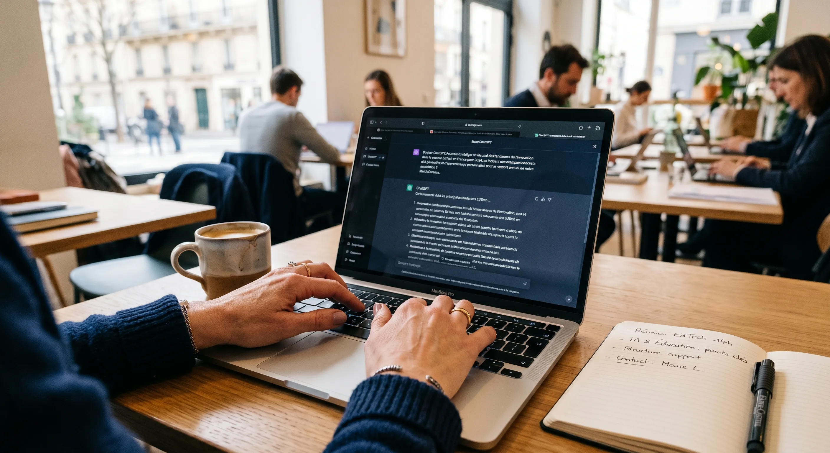 Atelier formation ChatGPT Paris — professionnelle utilisant ChatGPT sur MacBook en session pratique, prise de notes, environnement coworking parisien