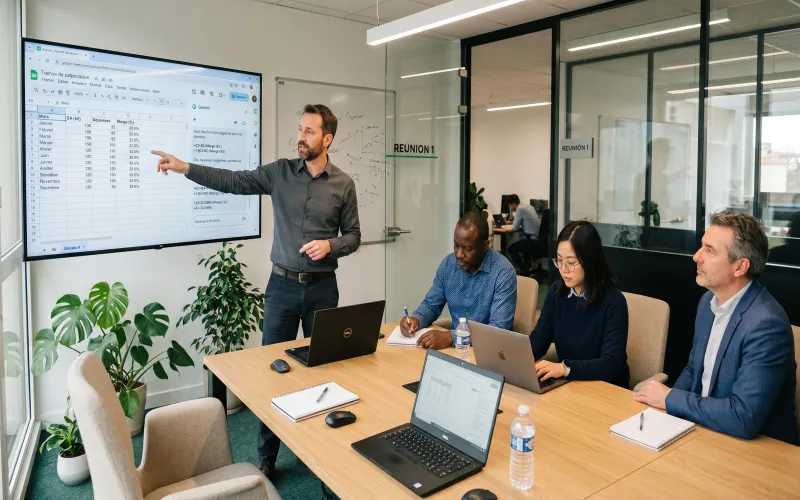 Session de formation Gemini Google Workspace en PME : formateur et équipe de quatre personnes autour d'un écran montrant Google Sheets avec Gemini