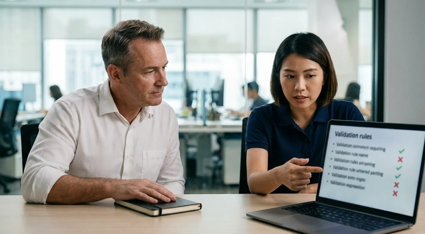 Dirigeant de PME et administrateur IT configurant ensemble les règles de validation d'un agent IA sur un ordinateur portable, en salle de réunion