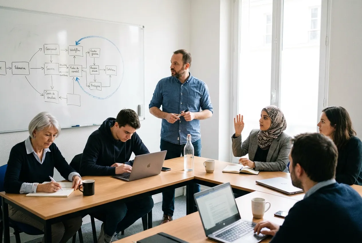 Formateur devant un tableau blanc où est dessiné le parcours d'un agent IA, face à cinq participants d'âges variés lors d'un atelier de formation en petit groupe