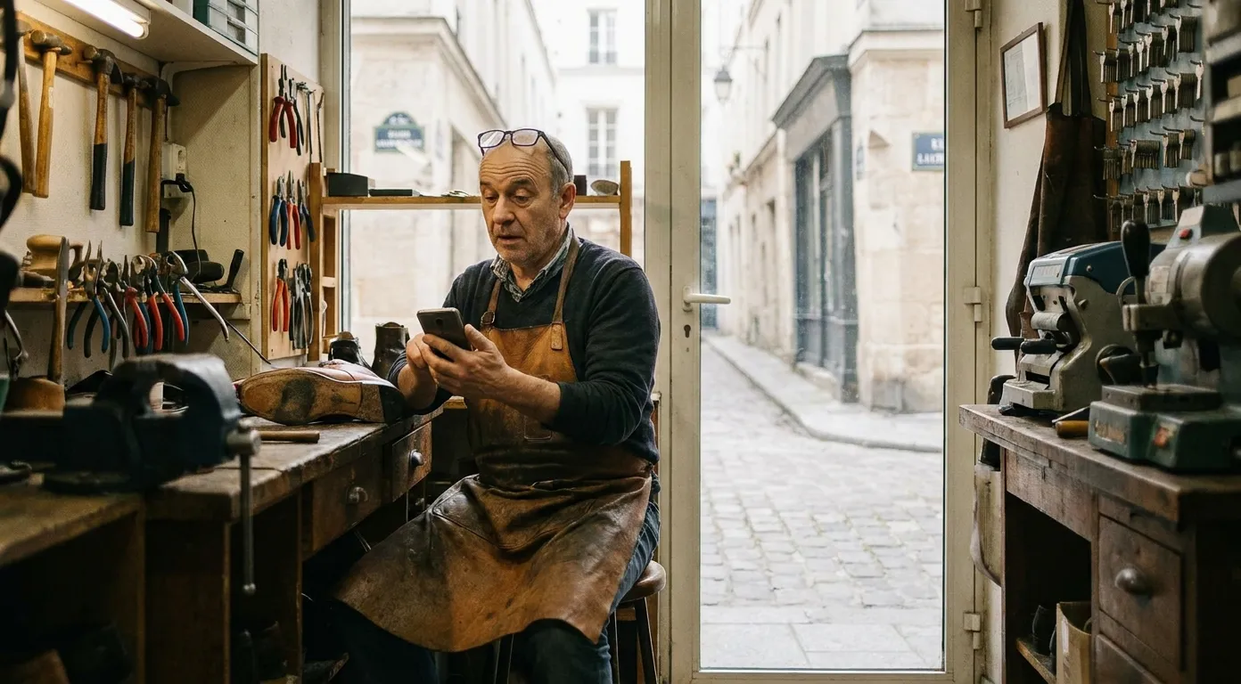 Cordonnier consultant son téléphone dans son atelier parisien, entre deux réparations