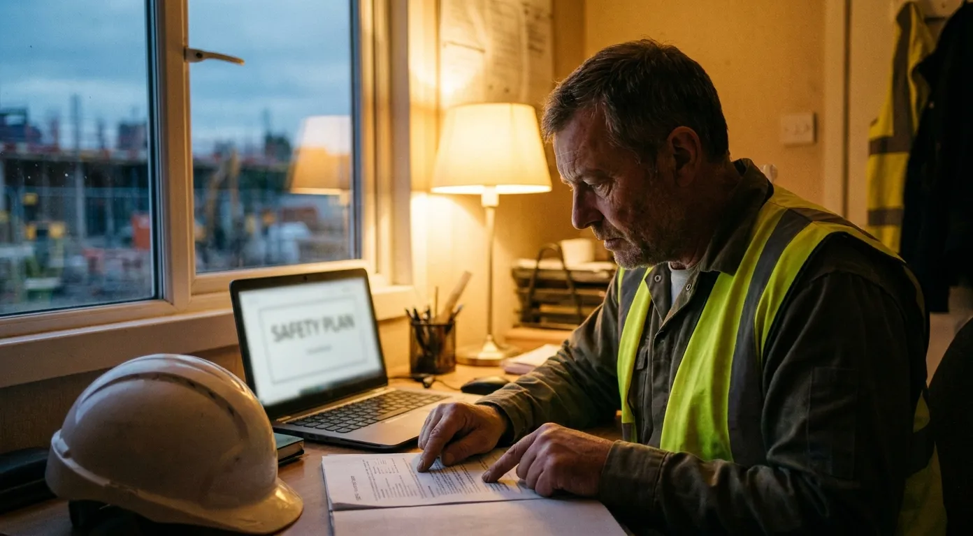 Chef d'équipe BTP consultant un plan de prévention sur ordinateur dans la base de vie du chantier