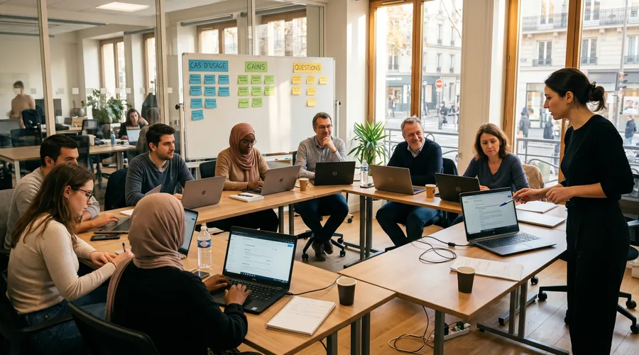 Atelier de formation IA en entreprise — groupe de 8 collaborateurs en séance pratique avec formateur, chacun sur laptop avec interface IA
