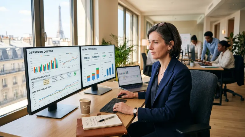 Formateur IA animant une session de formation comptabilité pour une équipe de PME dans une salle de réunion moderne — Nerolia Formation