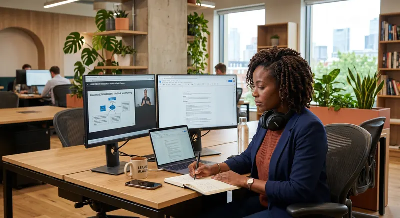 Professionnelle suivant une formation IA certifiante en autonomie sur double écran en open space — CPF formation 2026