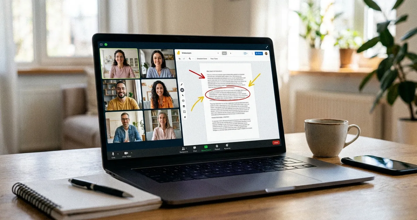 Écran d'ordinateur affichant une session de formation IA en classe virtuelle : mosaïque de participants et document partagé annoté par le formateur