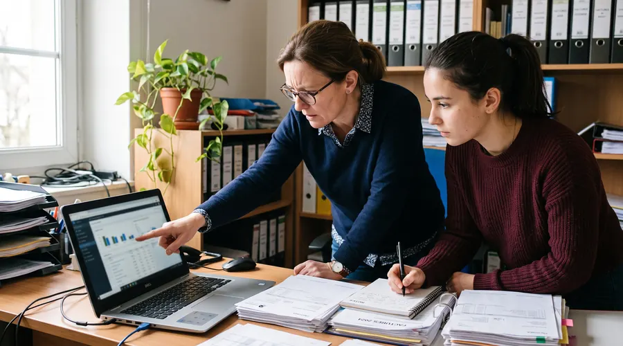Experte-comptable senior formant une jeune collaboratrice à la révision comptable assistée par IA sur des factures papier et un écran