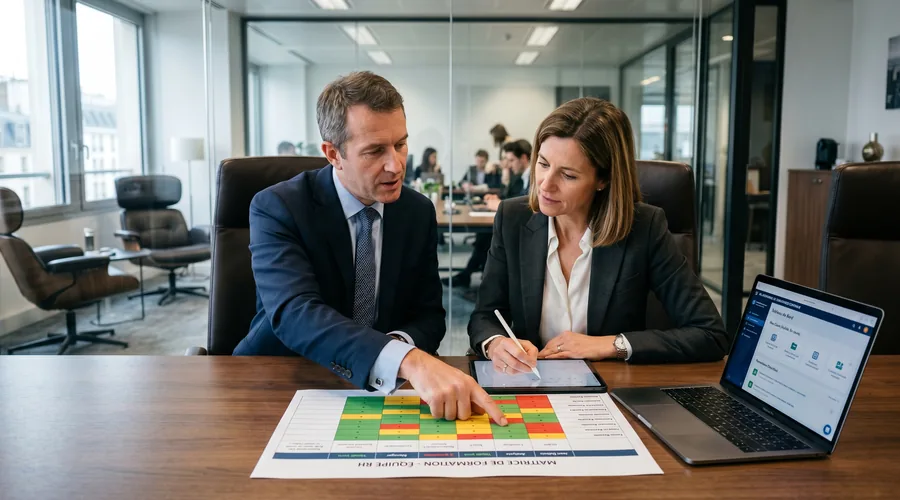DSI et DRH d'un groupe français co-pilotant le plan de déploiement IA — réunion stratégique avec matrice de formation par BU
