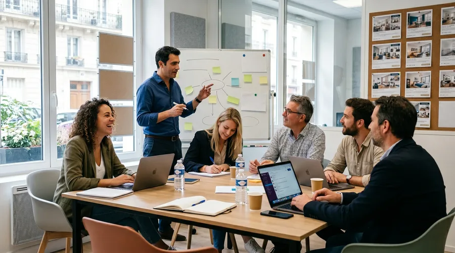 Atelier de formation IA dans une agence immobilière française — groupe de professionnels autour d'un formateur