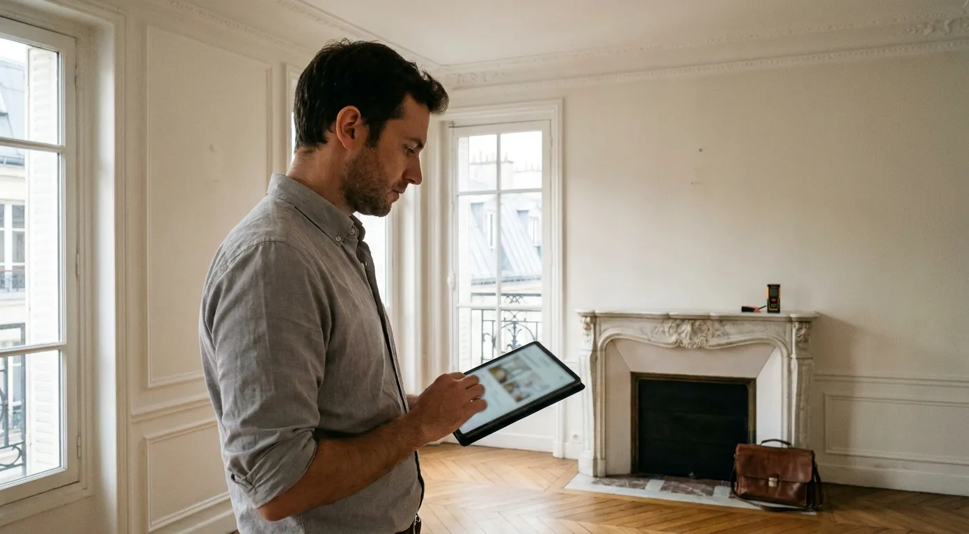 Agent immobilier consultant une tablette pendant une visite dans un appartement haussmannien parisien
