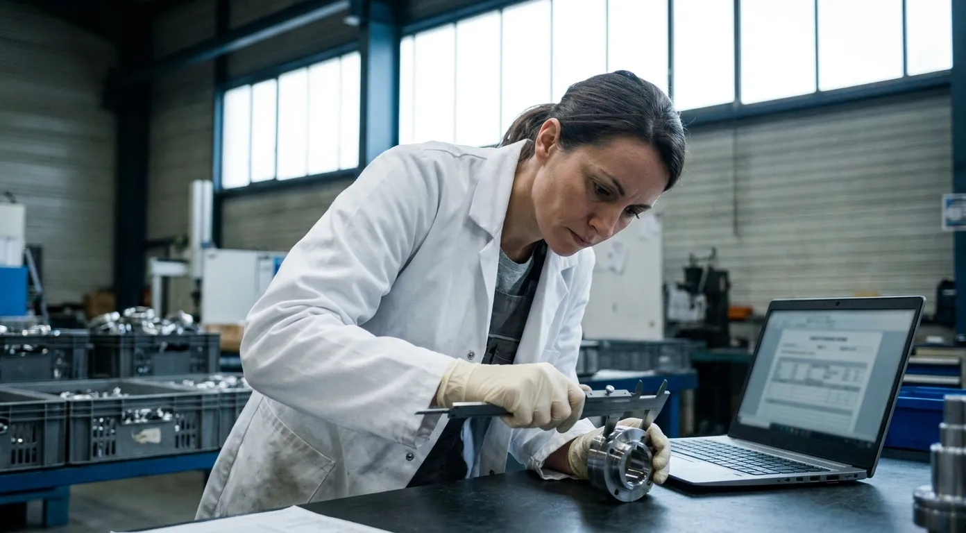 Technicienne qualité effectuant un contrôle dimensionnel et reportant les résultats sur ordinateur