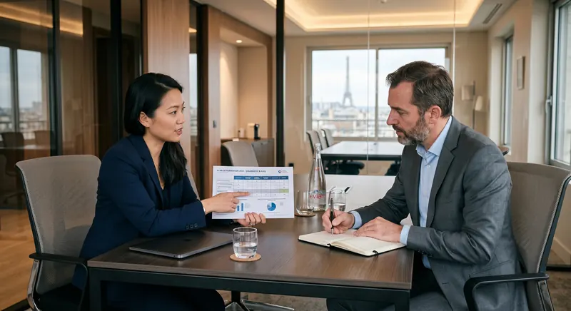 Réunion de cadrage formation IA intra-entreprise — responsable formation et formateur expert à Paris discutant programme sur mesure