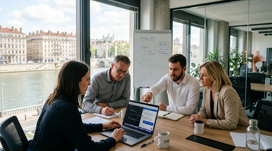 Atelier de formation IA à Lyon — équipe de professionnels lyonnais avec vue sur la Presqu'île et le Rhône
