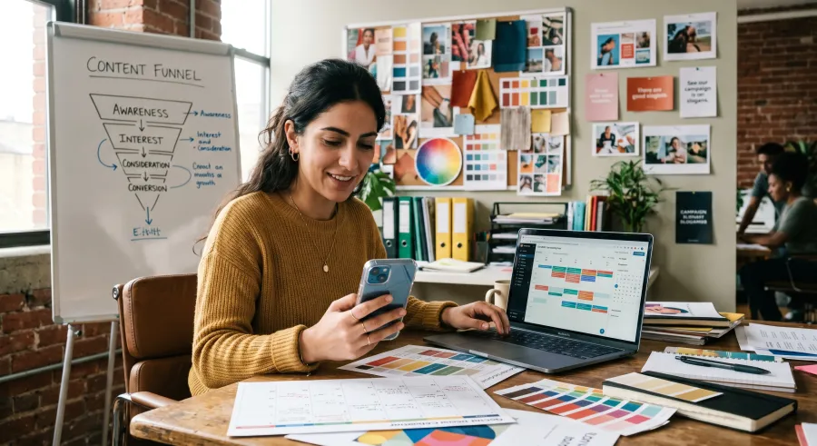 Marketeuse en PME rédigeant du contenu assisté par IA sur son ordinateur — formation marketing digital Nerolia
