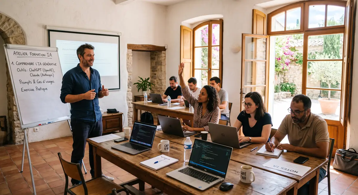 Atelier formation IA Marseille et PACA — salle en pierre avec volets en bois, formateur devant tableau blanc, participants sur ordinateurs portables