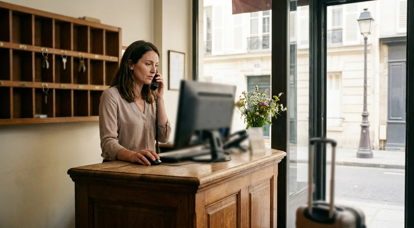 Réceptionniste d'un hôtel indépendant parisien gérant une demande de réservation au téléphone et sur ordinateur