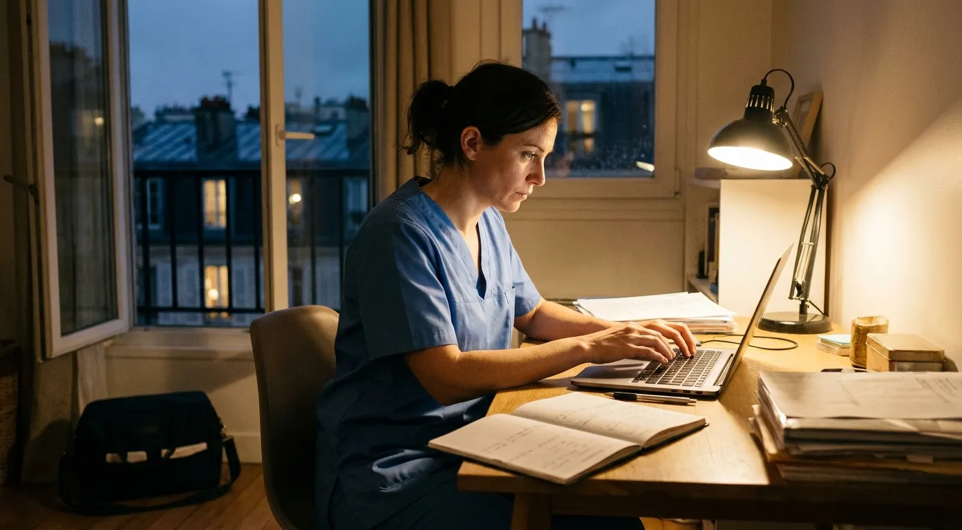 Infirmière libérale rédigeant ses transmissions de soins en soirée après une tournée à domicile, appartement parisien