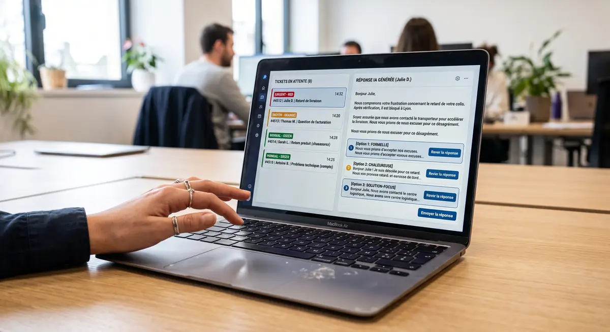 Interface IA service client en français — liste de tickets avec niveaux d'urgence et réponses générées par Claude avec 3 options de ton