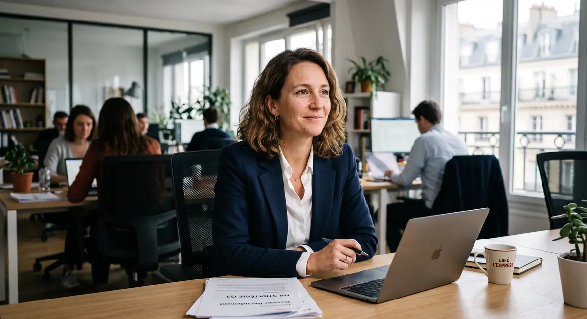 Responsable service client PME — analyse des performances équipe en open space moderne, données de satisfaction client visibles sur écran