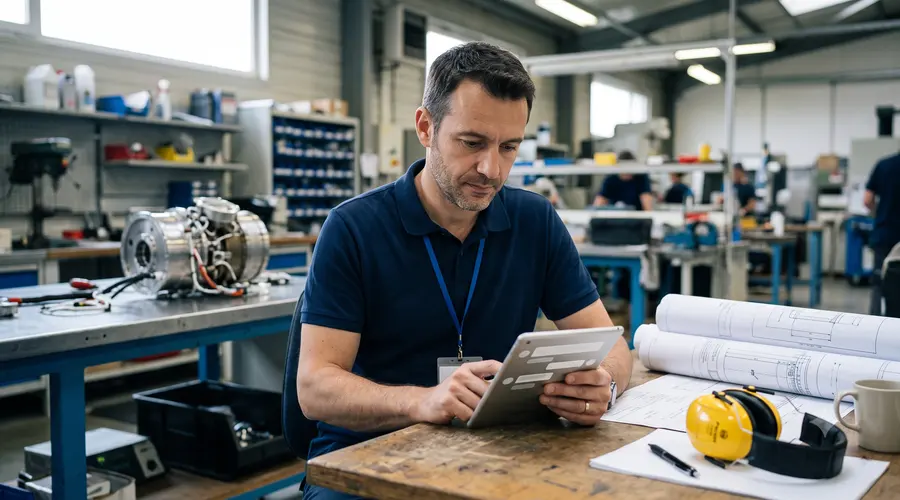 Ingénieur qualité chez un sous-traitant aéronautique toulousain consultant un outil IA sur tablette pour la rédaction technique