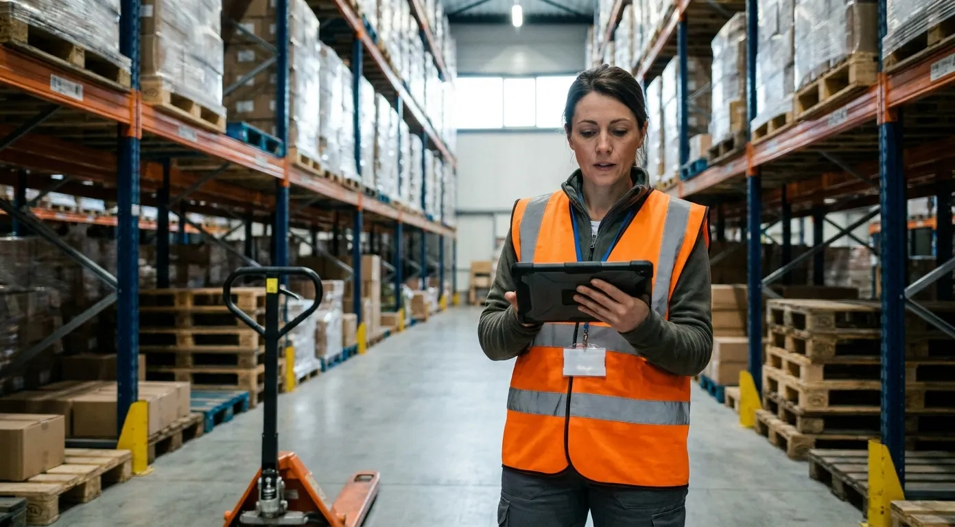 Responsable logistique consultant une tablette dans les allées d'un entrepôt de stockage