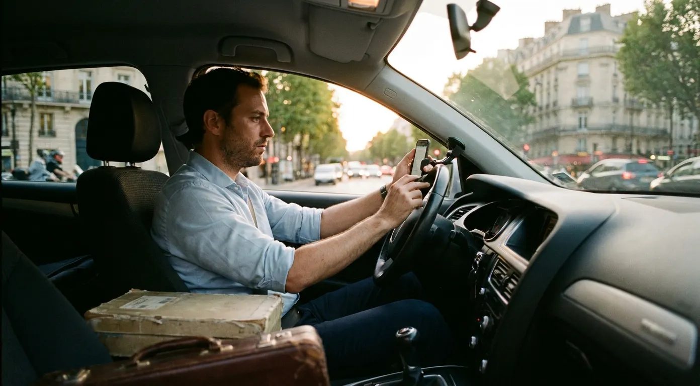 Agent commercial au volant dans une rue parisienne, consultant son téléphone en kit mains-libres entre deux rendez-vous