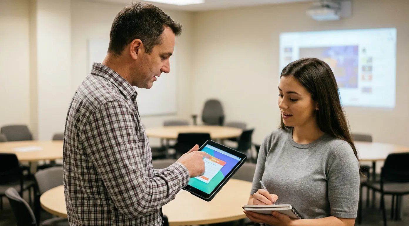 Deux collaborateurs de PME testant ensemble une application créée avec Lovable sur une tablette, lors d'un atelier de formation