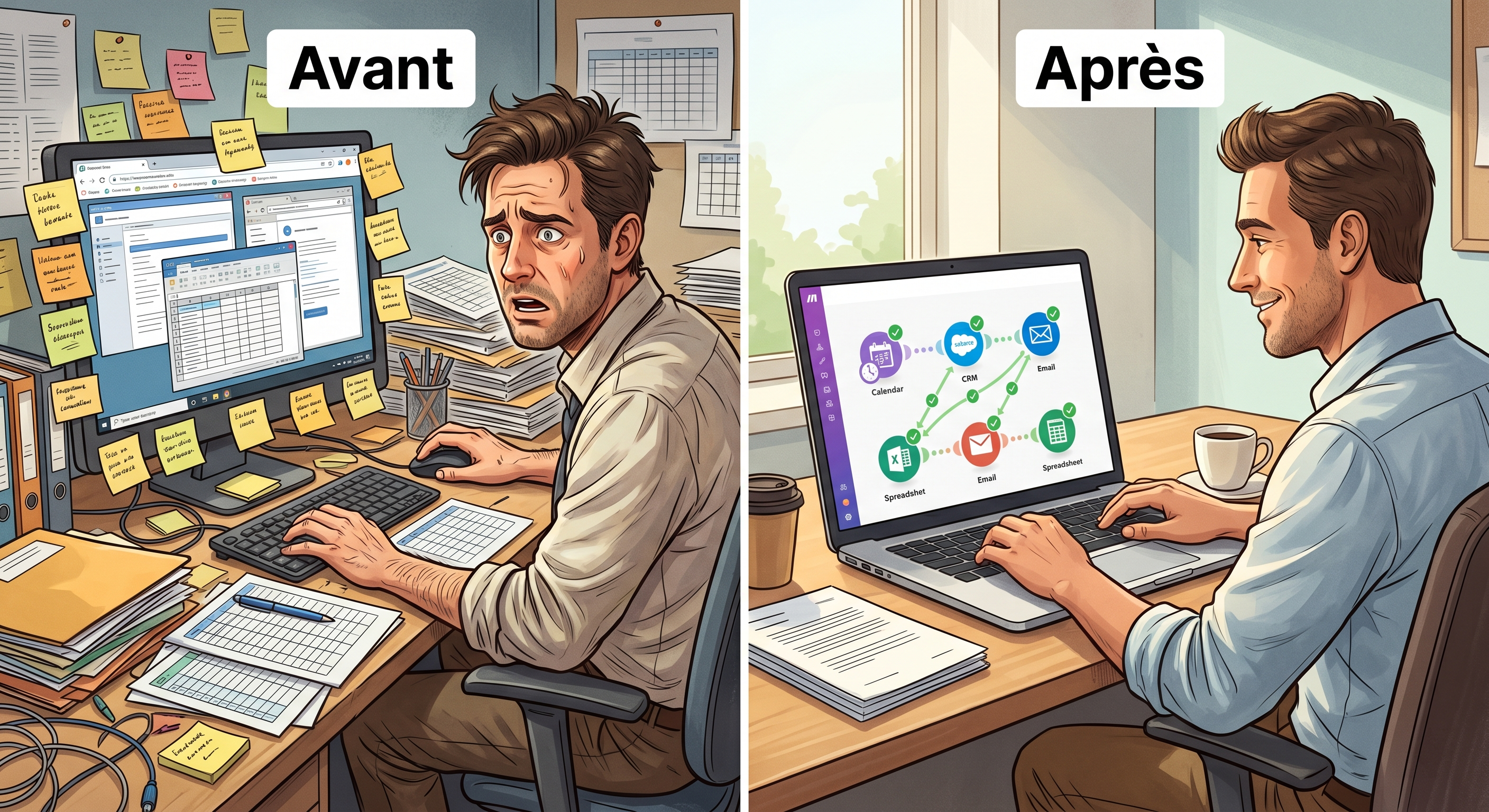 Comparaison avant/après automatisation Make : travail manuel fragmenté vs workflow automatisé avec agents IA