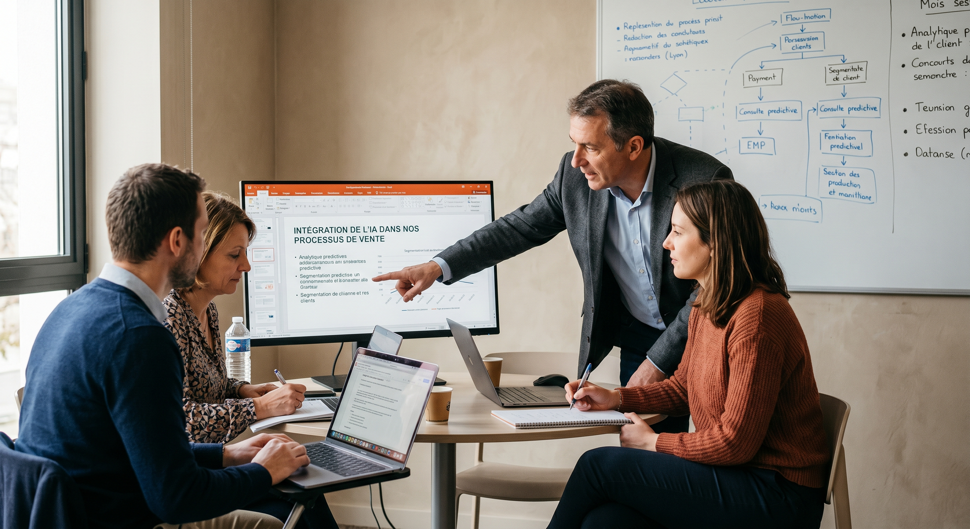 Atelier de formation Microsoft Copilot 365 en équipe PME — collaborateurs apprenant à utiliser l'IA dans Microsoft 365 lors d'une session pratique