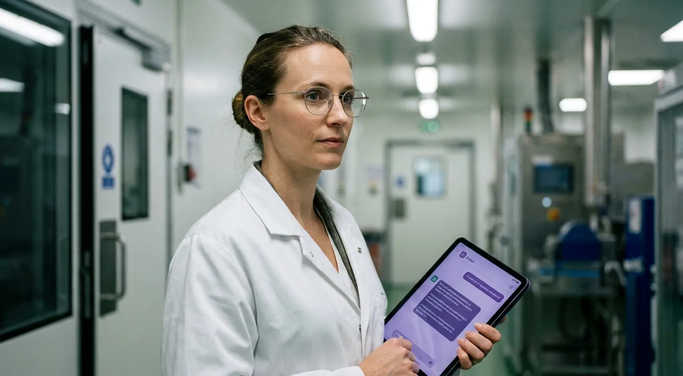 Responsable qualité d'un site pharmaceutique consultant Le Chat Enterprise de Mistral AI sur tablette dans un couloir technique