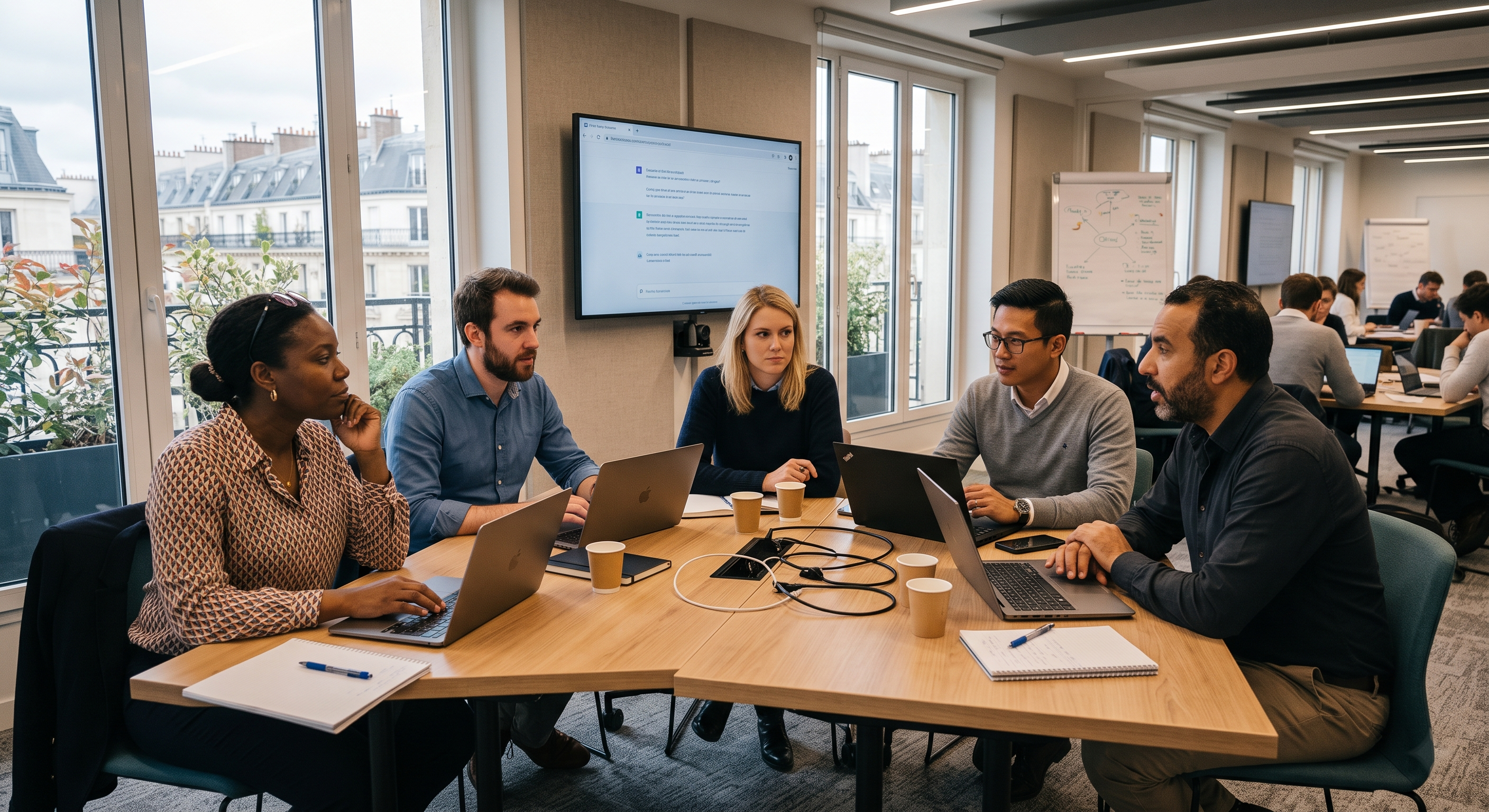DRH présentant un plan de formation IA à des managers dans une salle de réunion parisienne — guide pratique 2026