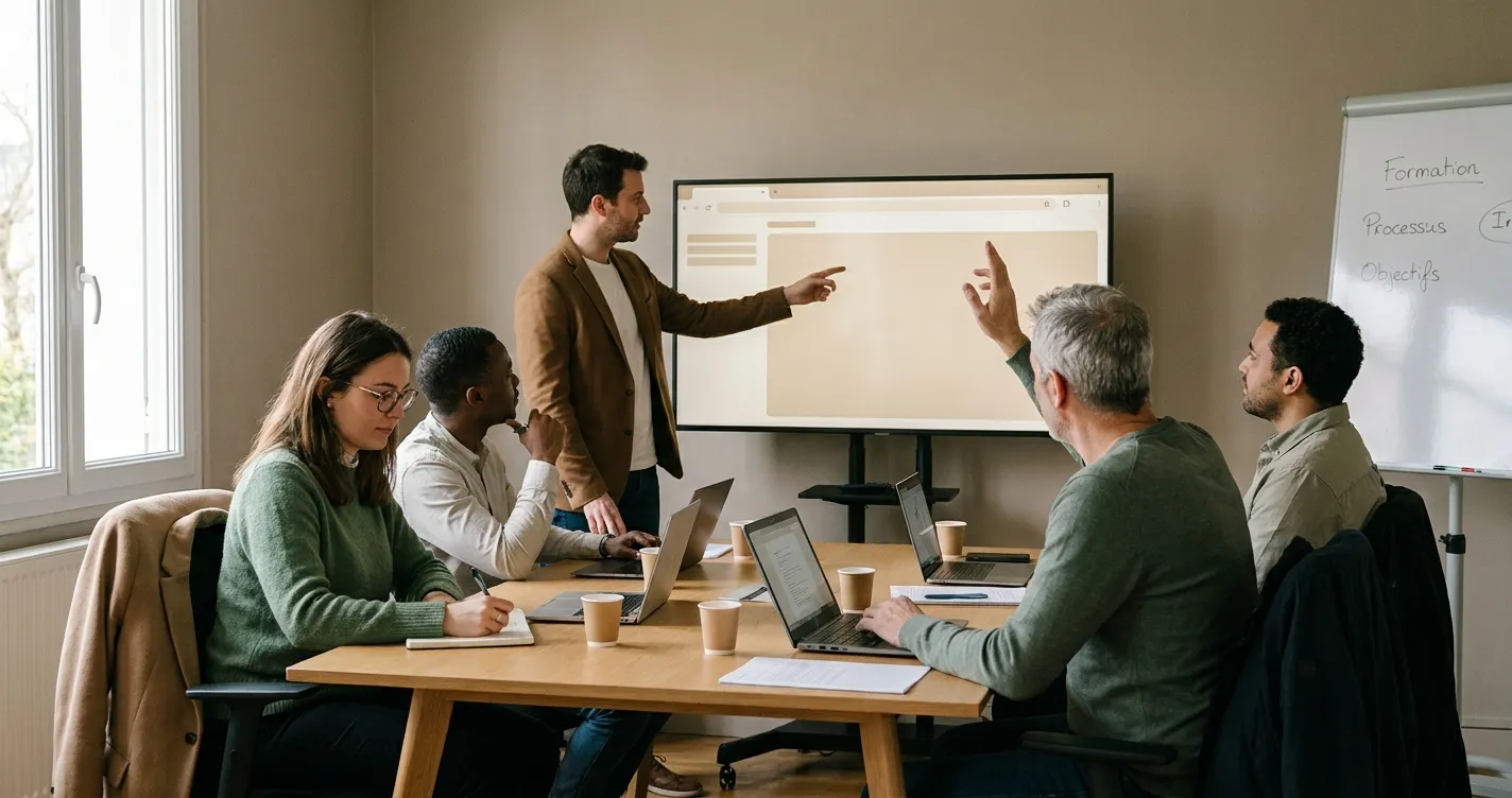 Équipe d'une PME française en atelier de formation IA financé, formateur devant un écran partagé, participants avec ordinateurs portables