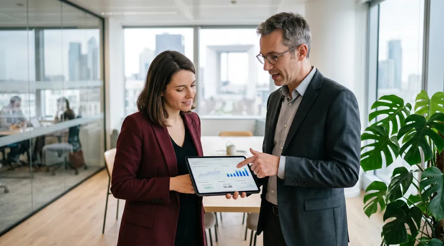 Consultant montrant des analytics de référencement IA à une directrice marketing dans un bureau parisien