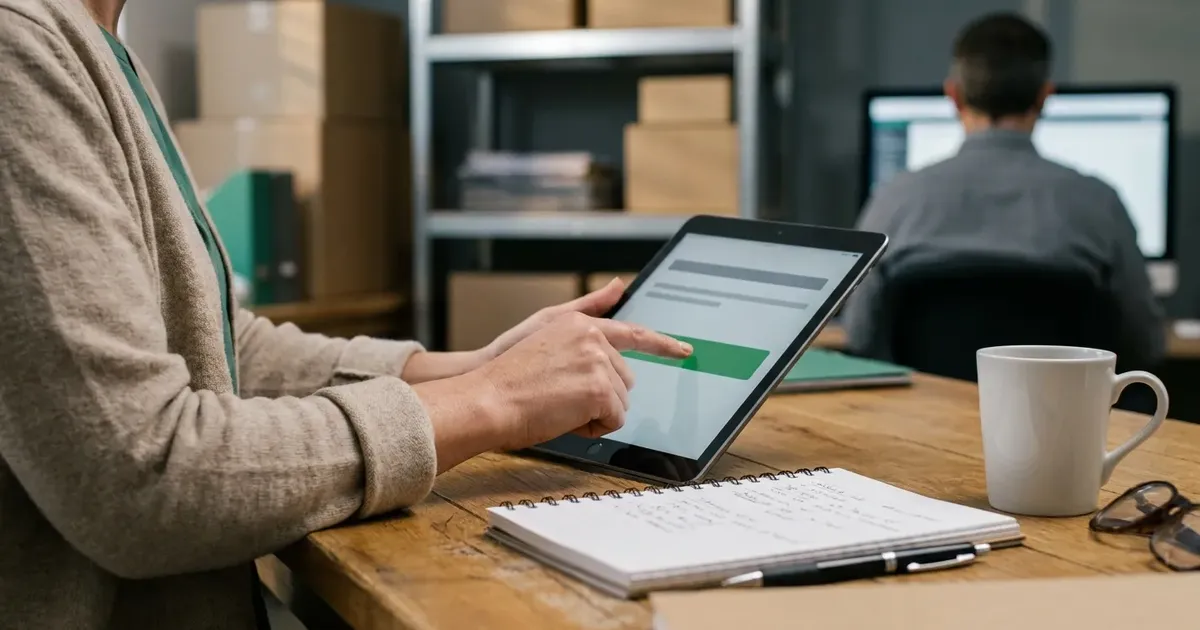Responsable administrative validant une action d'un agent IA sur une tablette dans un bureau de PME