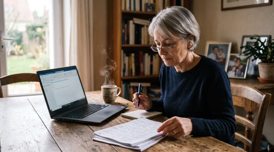 Professionnelle expérimentée structurant sa progression vers un niveau avancé en IA, notes manuscrites et ordinateur portable