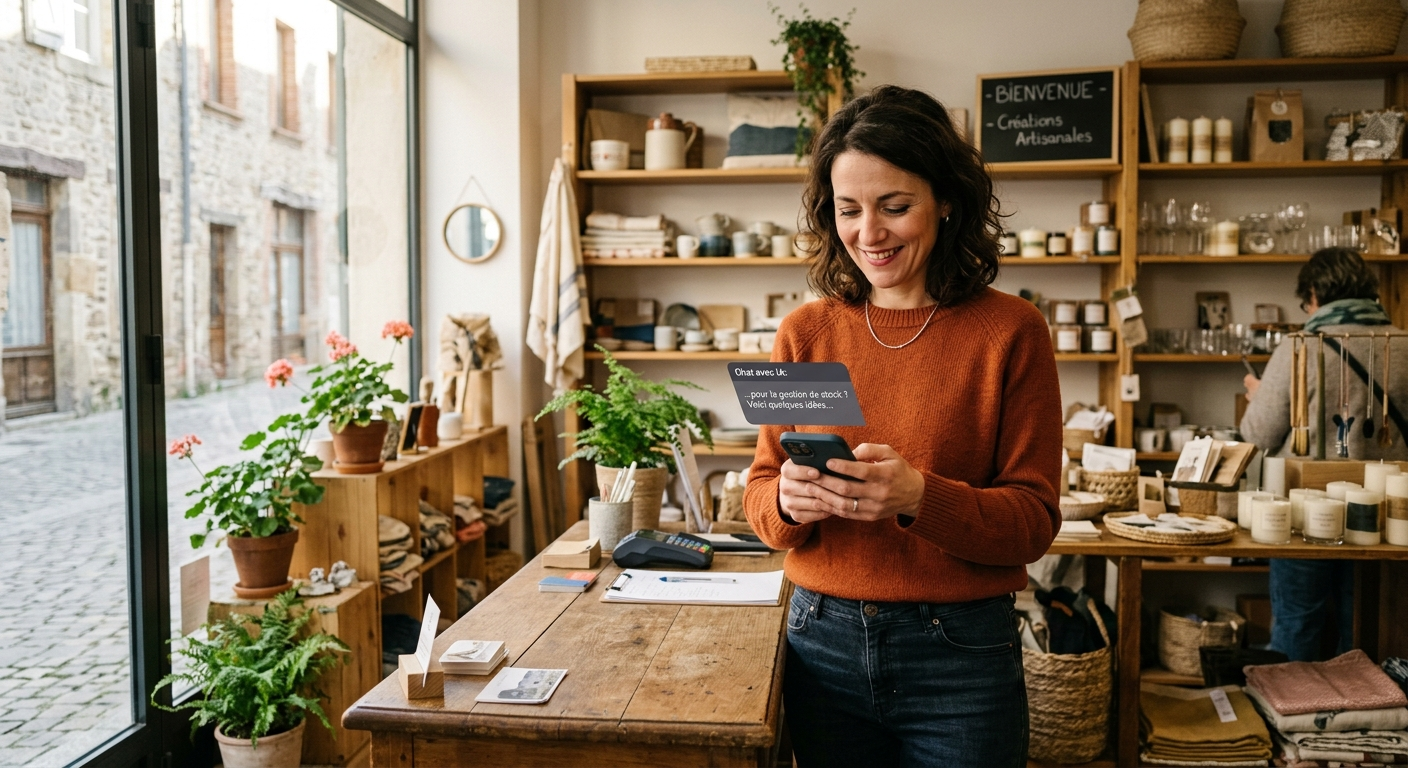 Gérante de PME française consultant un outil IA sur son smartphone dans sa boutique