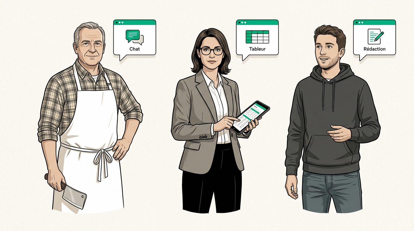 Trois profils de dirigeants de PME françaises — artisan, comptable indépendante, gérant d'agence web — utilisant l'IA dans leur métier