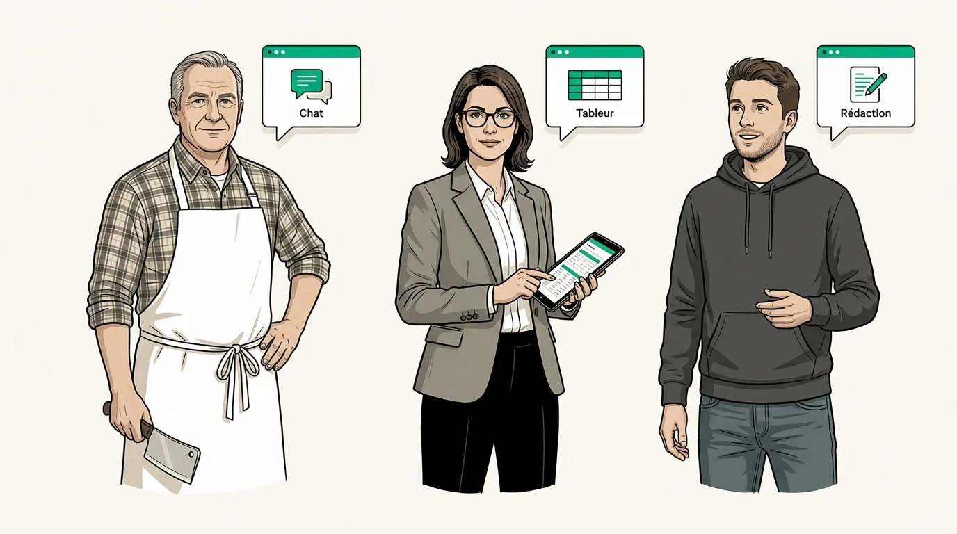 Trois profils de dirigeants de PME françaises — artisan, comptable indépendante, gérant d'agence web — utilisant l'IA dans leur métier