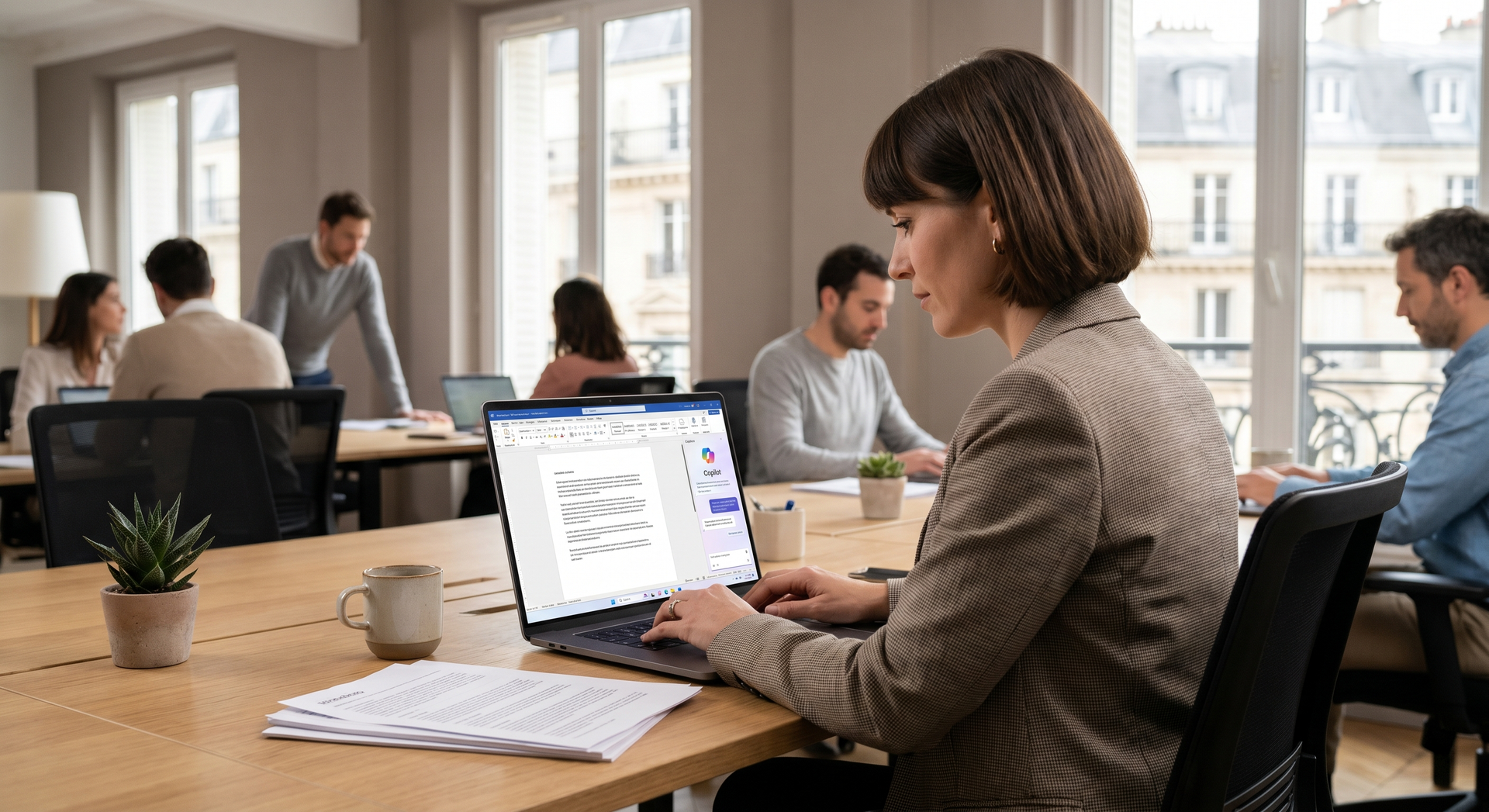 Formation Microsoft Copilot 365 en entreprise PME France — professionnelle travaillant avec l'assistant IA dans Microsoft 365, Nerolia Formation Paris