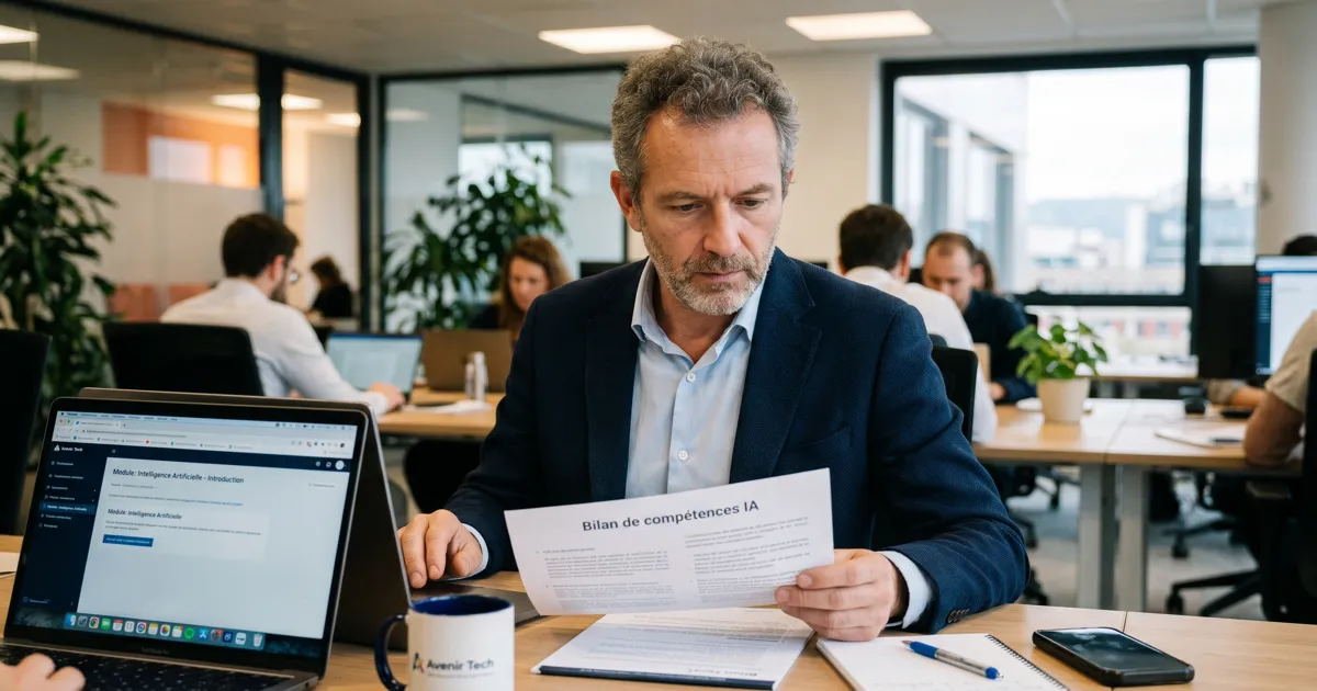 Dirigeant de PME consultant un plan de montée en compétences IA avec son équipe — Nerolia Formation